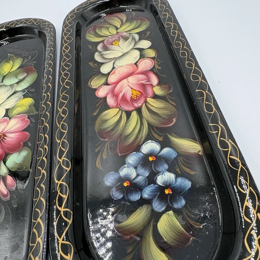 Two (2) Zhostovo Hand painted Russian Metal Decorative Trinket Tray Flowers